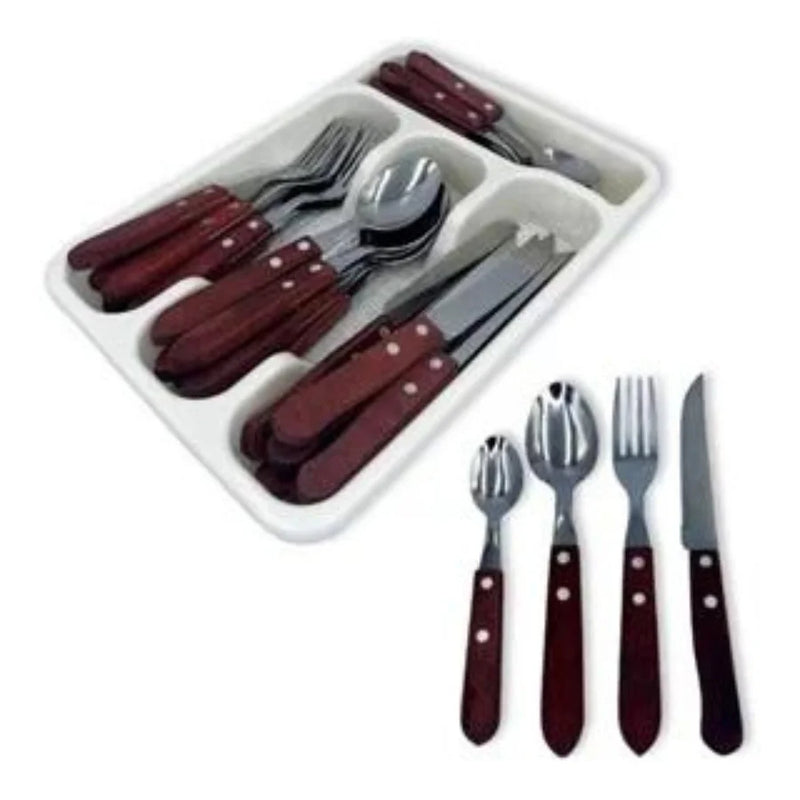 Jogo De Talher Faqueiro Madeira Com 25 Peças Inox E Porta Talheres Ideal Para Familia