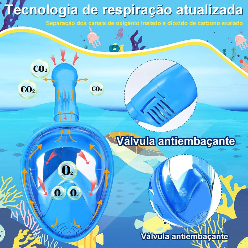 Máscara Mergulho Snorkel Full Face Infantil Animal Tubarão Crocodilo